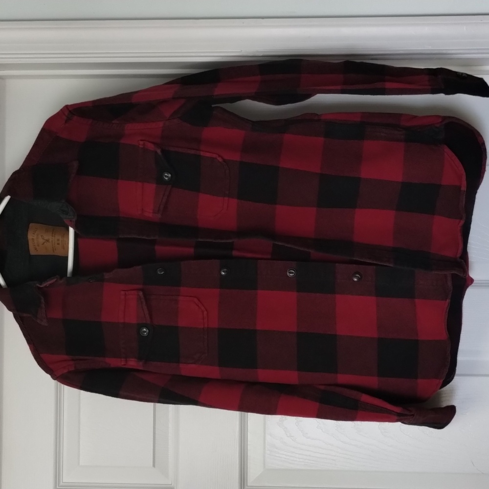 Vintage American Eagle flannel Women Black Red Plaid Shirt Jacket